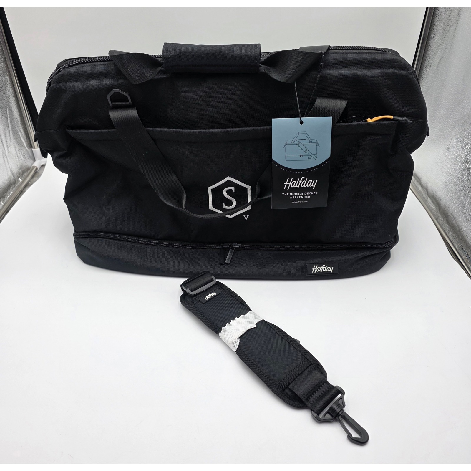 Halfday The Double Decker Weekender Bag Black Travel Duffel Shoe Compartment Nwt — image 2 of 8